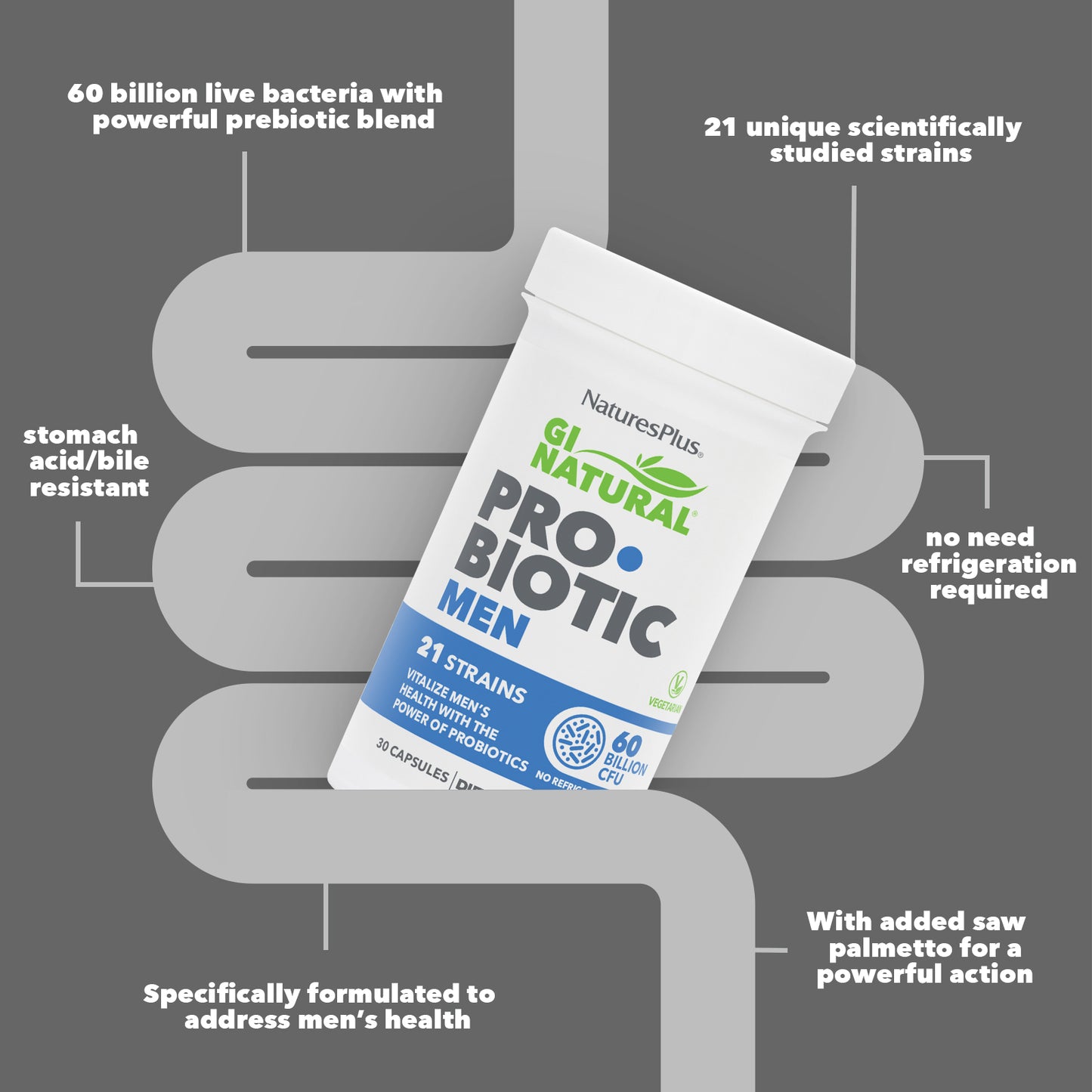 NaturesPlus, GI Natural, Probiotic Men, 60 Billion CFU, 30 Capsules