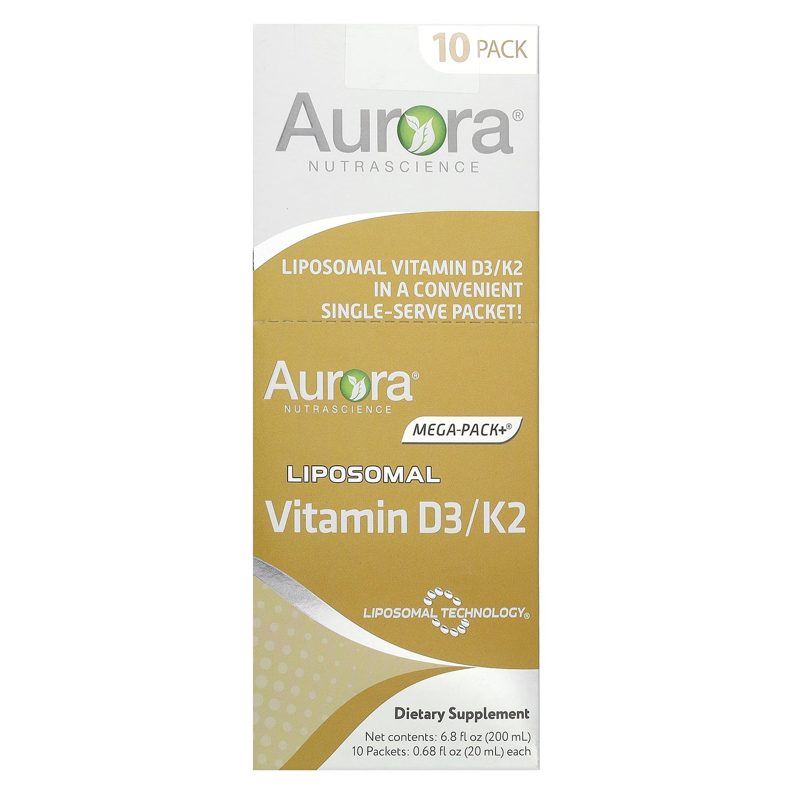 Aurora Nutrascience, Liposomal Vitamin D3/K2, 10 Packets, 0.68 fl oz (20 ml) Each