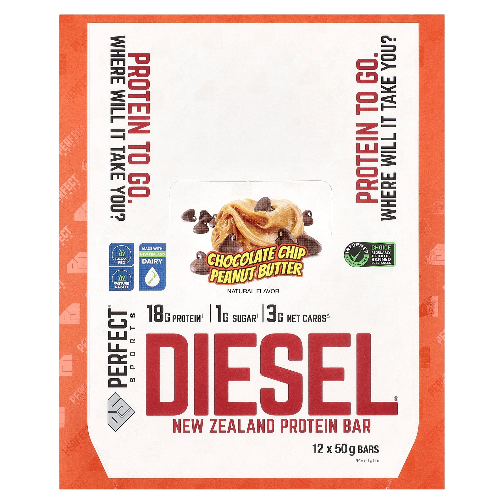 PERFECT Sports, Diesel, New Zealand Protein Bar, Chocolate Chip Peanut Butter, 12 Bars, 50 g Each