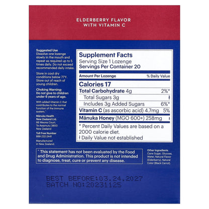 Manuka Health, Manuka Honey Lozenges, Elderberry, MGO 600+, 20 Lozenges