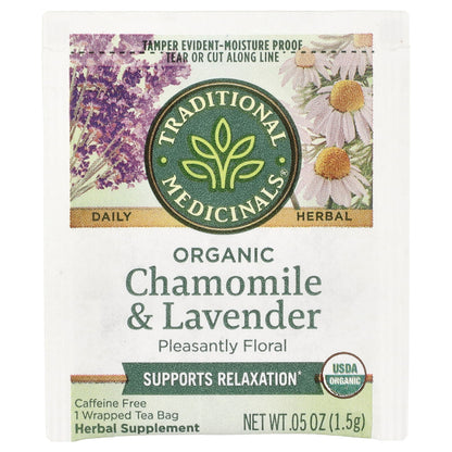 Traditional Medicinals, Herbal Tea, Organic Chamomile & Lavender, Caffeine Free, 48 Wrapped Tea Bags, 2.53 oz (72 g)