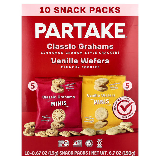 Partake, Mini Vanilla Wafers & Classic Grahams, 10 Snack Packs, 0.67 oz (19 g) Each