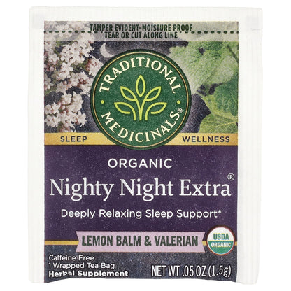 Traditional Medicinals, Nighty Night Extra®, Organic Lemon Balm & Valerian, Caffeine Free, 48 Wrapped Tea Bags, 2.53 oz (72 g)