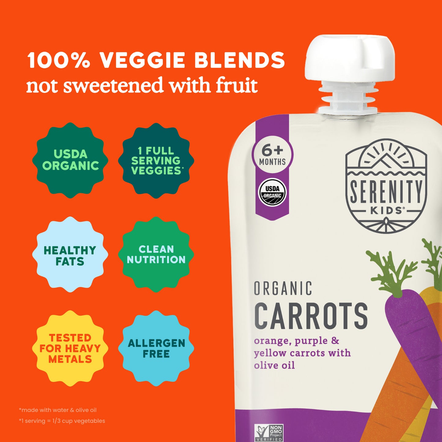Serenity Kids, Organic Carrots, 6+ Months, Orange, Purple & Yellow Carrots with Olive Oil, 3.5 oz (99 g)