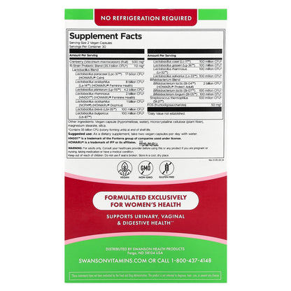 Swanson, Women's Daily Probiotic + Prebiotic FOS With Cranberry, 35 Billion CFU, 60 Vegan Capsules