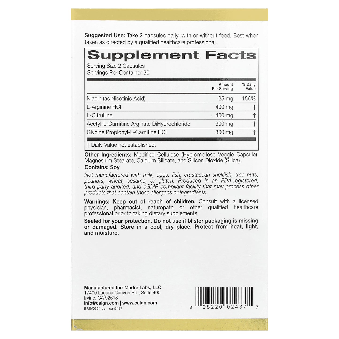 California Gold Nutrition, Rexdrive™ Amino with L-Arginine HCl, L-Citrulline, Acetyl-L-Carnitine Arginate DiHydrochloride, and Glycine Propionyl-L-Carnitine HCl, Men's Formula, 60 Veggie Capsules