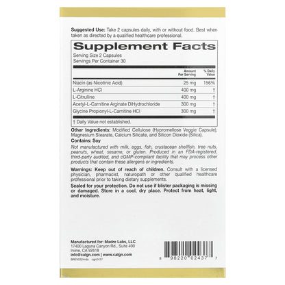 California Gold Nutrition, Rexdrive™ Amino with L-Arginine HCl, L-Citrulline, Acetyl-L-Carnitine Arginate DiHydrochloride, and Glycine Propionyl-L-Carnitine HCl, Men's Formula, 60 Veggie Capsules