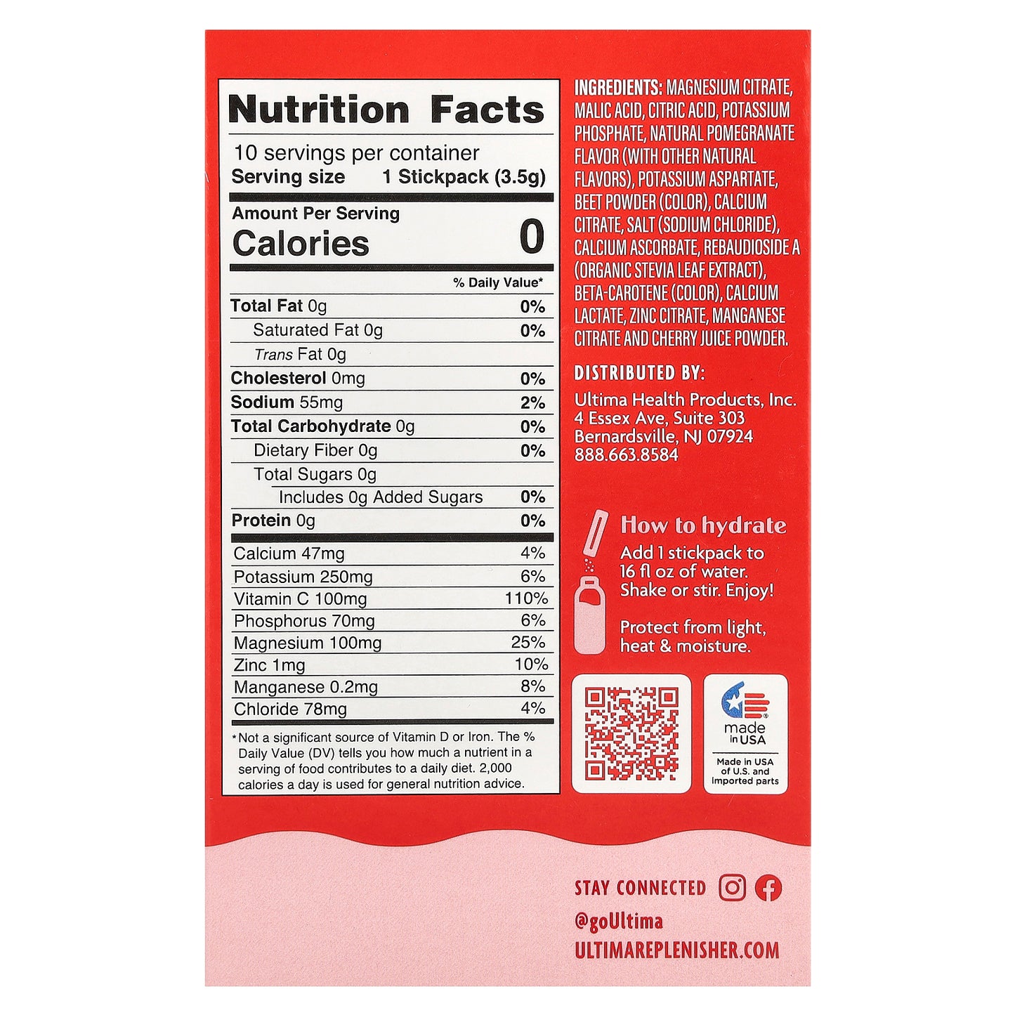 Ultima Replenisher, 6 Essential Electrolytes, Daily Electrolyte Drink Mix, Cherry Pomegranate, 10 Stickpacks, 0.12 oz (3.5 g) Each