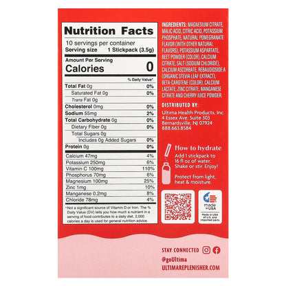 Ultima Replenisher, 6 Essential Electrolytes, Daily Electrolyte Drink Mix, Cherry Pomegranate, 10 Stickpacks, 0.12 oz (3.5 g) Each