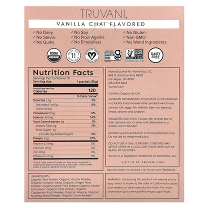 Truvani, Plant Based Protein Powder, Vanilla Chai, 10 Packs, 1.08 oz (30. 6 g)