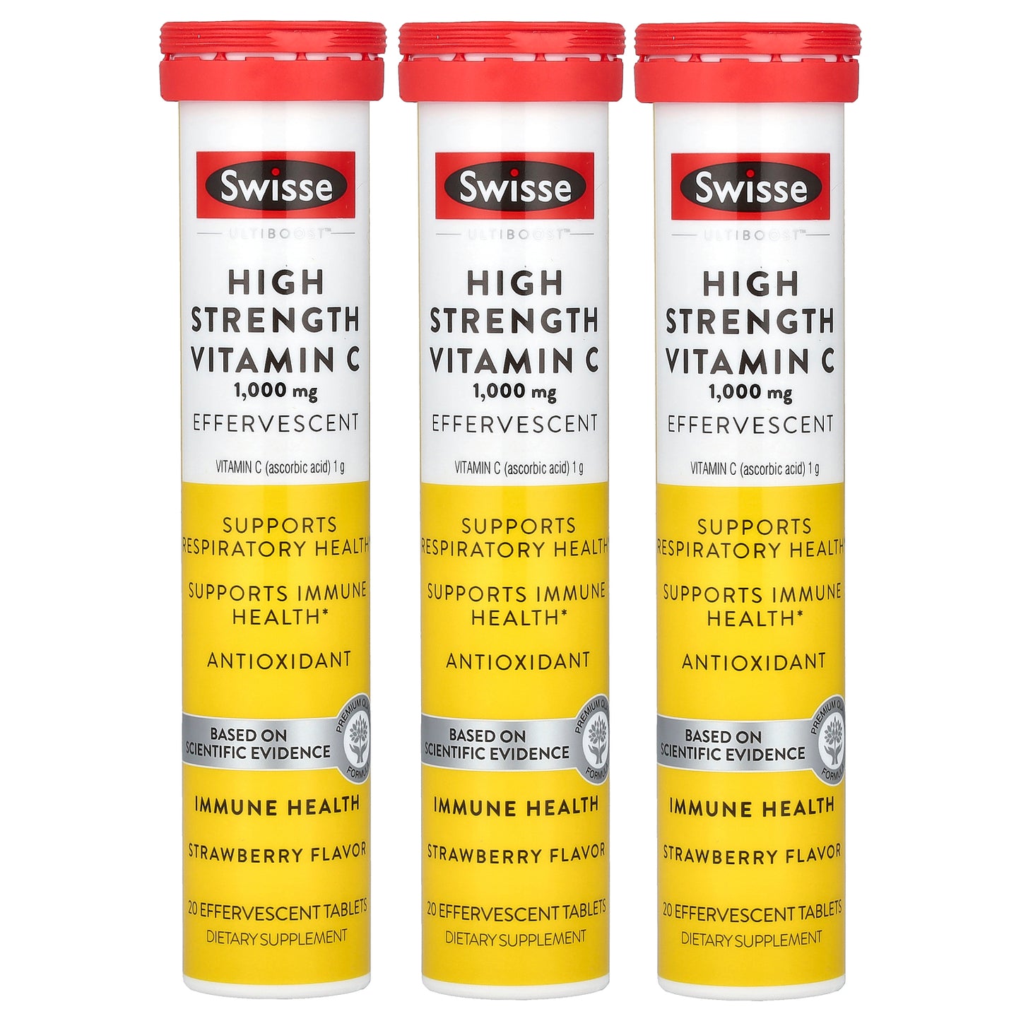 Swisse, Ultiboost™, High Strength Vitamin C, Strawberry, 1,000 mg, 3 Tubes, 20 Effervescent Tablets Each