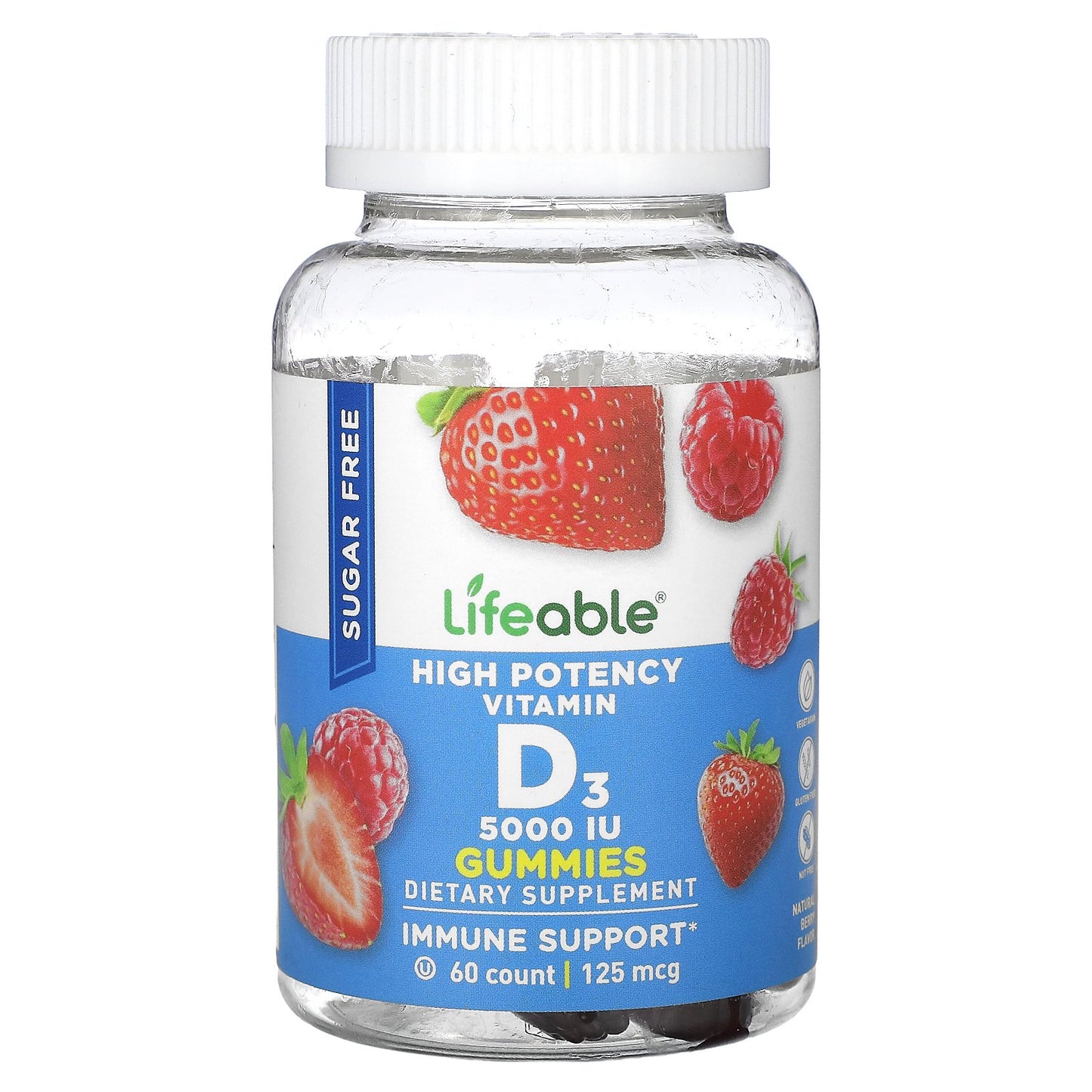 Lifeable, High Potency Vitamin D3 Gummies, Sugar Free, Natural Berry, 125 mcg (5,000 IU), 60 Gummies