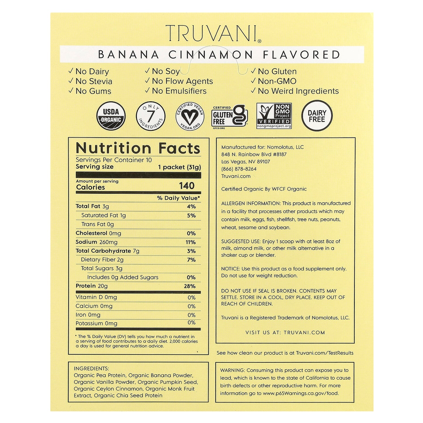 Truvani, Plant Based Protein Powder, Banana Cinnamon , 10 Packs, 1.09 oz (31 g) Each