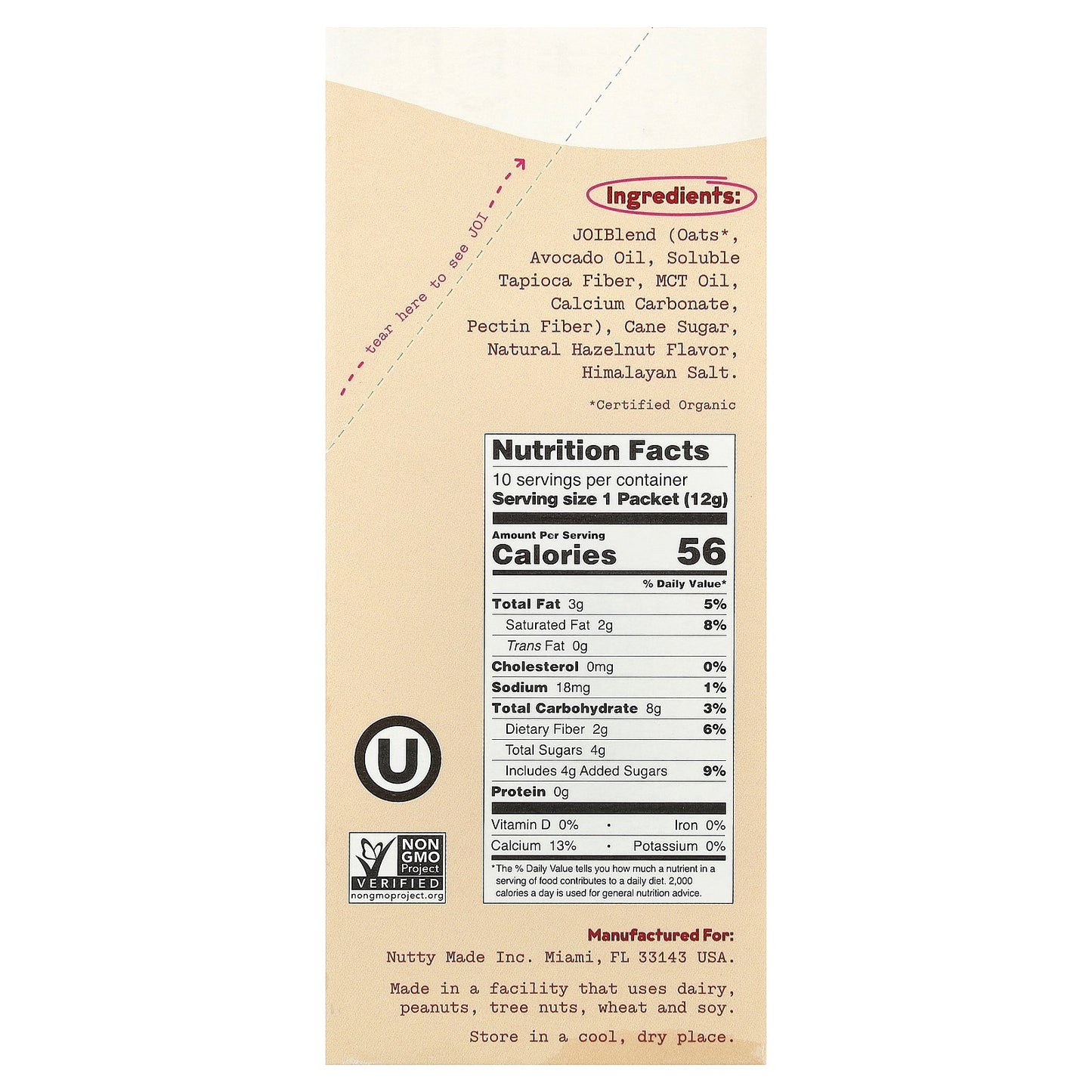 JOI, Oat Milk Creamer, Hazelnut, 10 Packets, 0.42 oz (12 g) Each