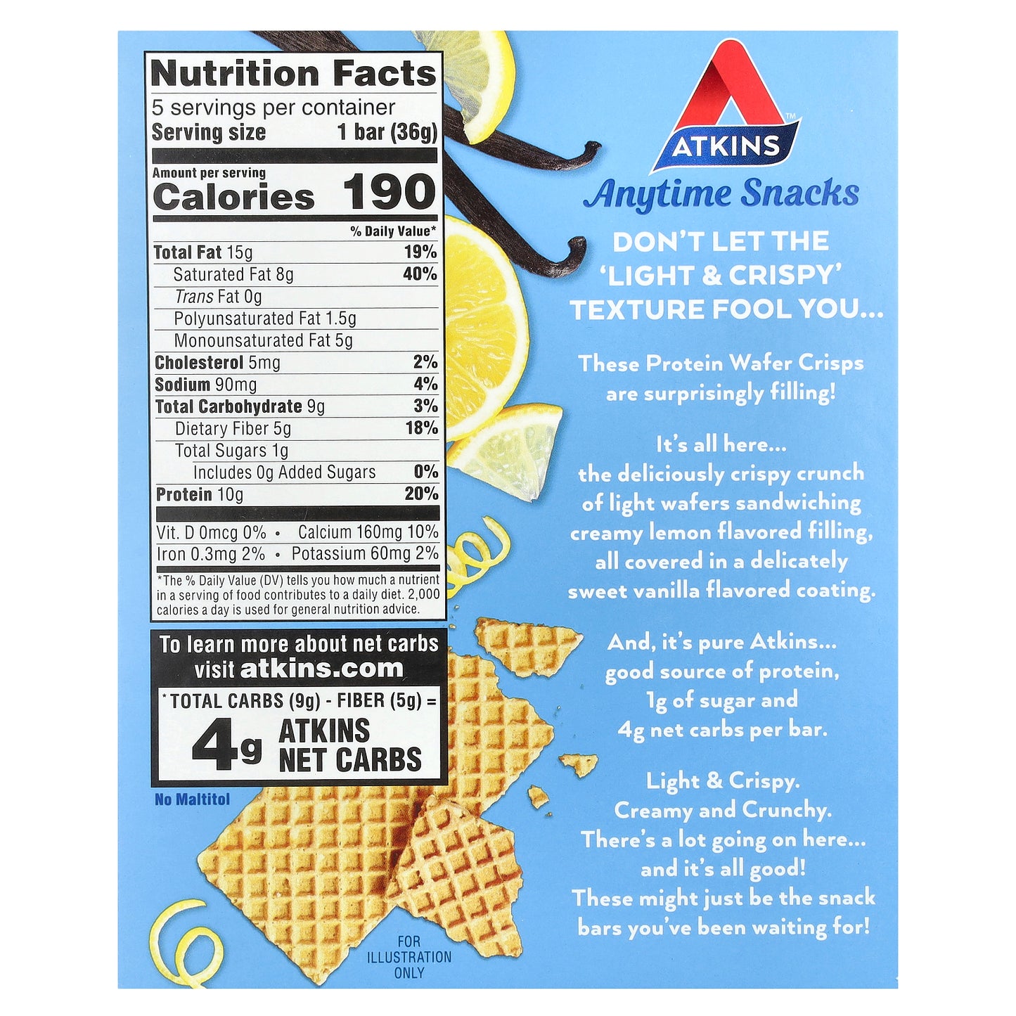 Atkins, Anytime Snacks, Protein Wafer Crisps, Lemon Creme, 5 Bars, 1.27 oz (36 g) Each