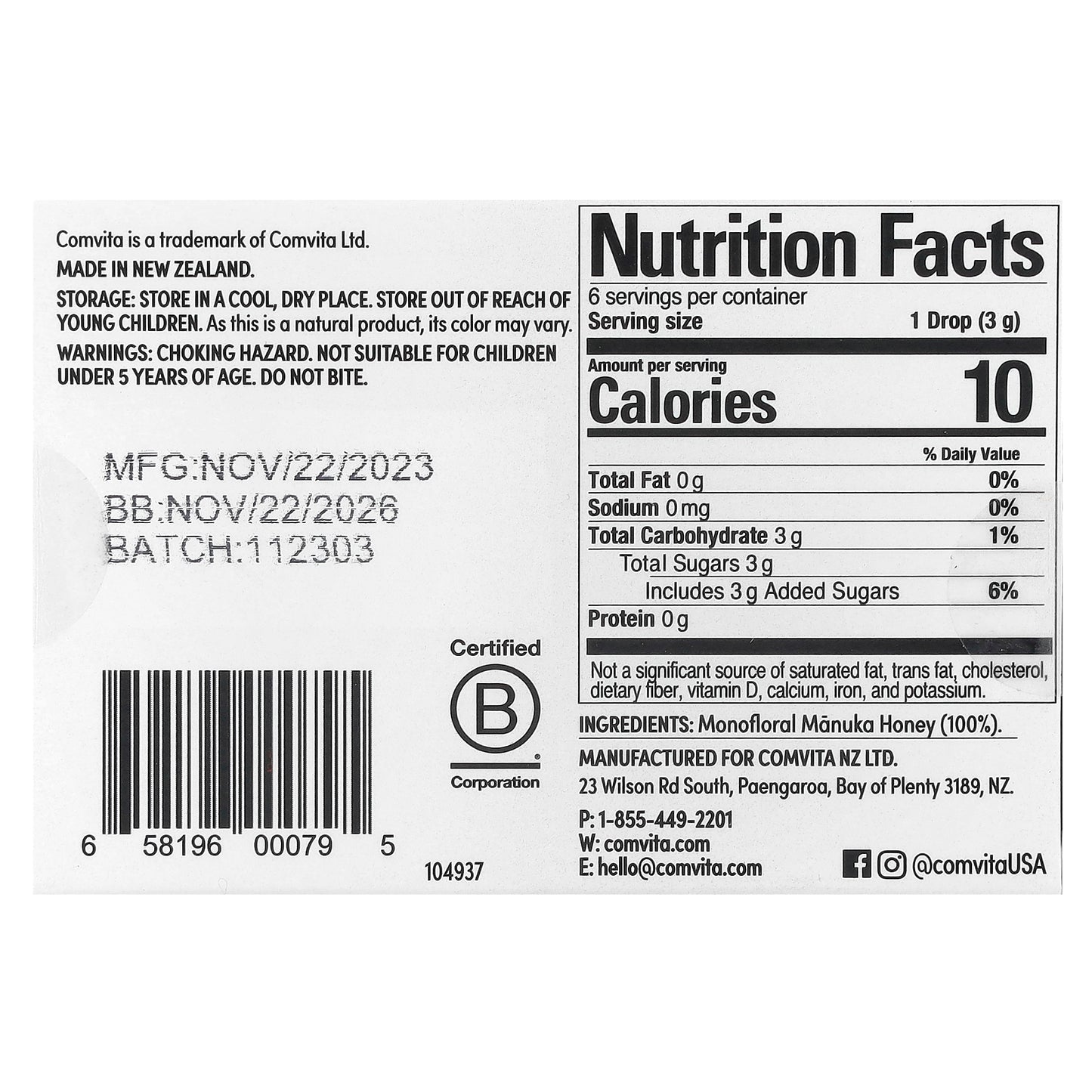 Comvita, 100% Manuka Honey Drops, 6 Drops, 0.63 oz (18 g)