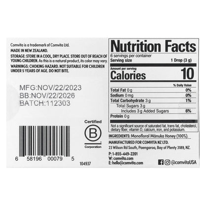 Comvita, 100% Manuka Honey Drops, 6 Drops, 0.63 oz (18 g)