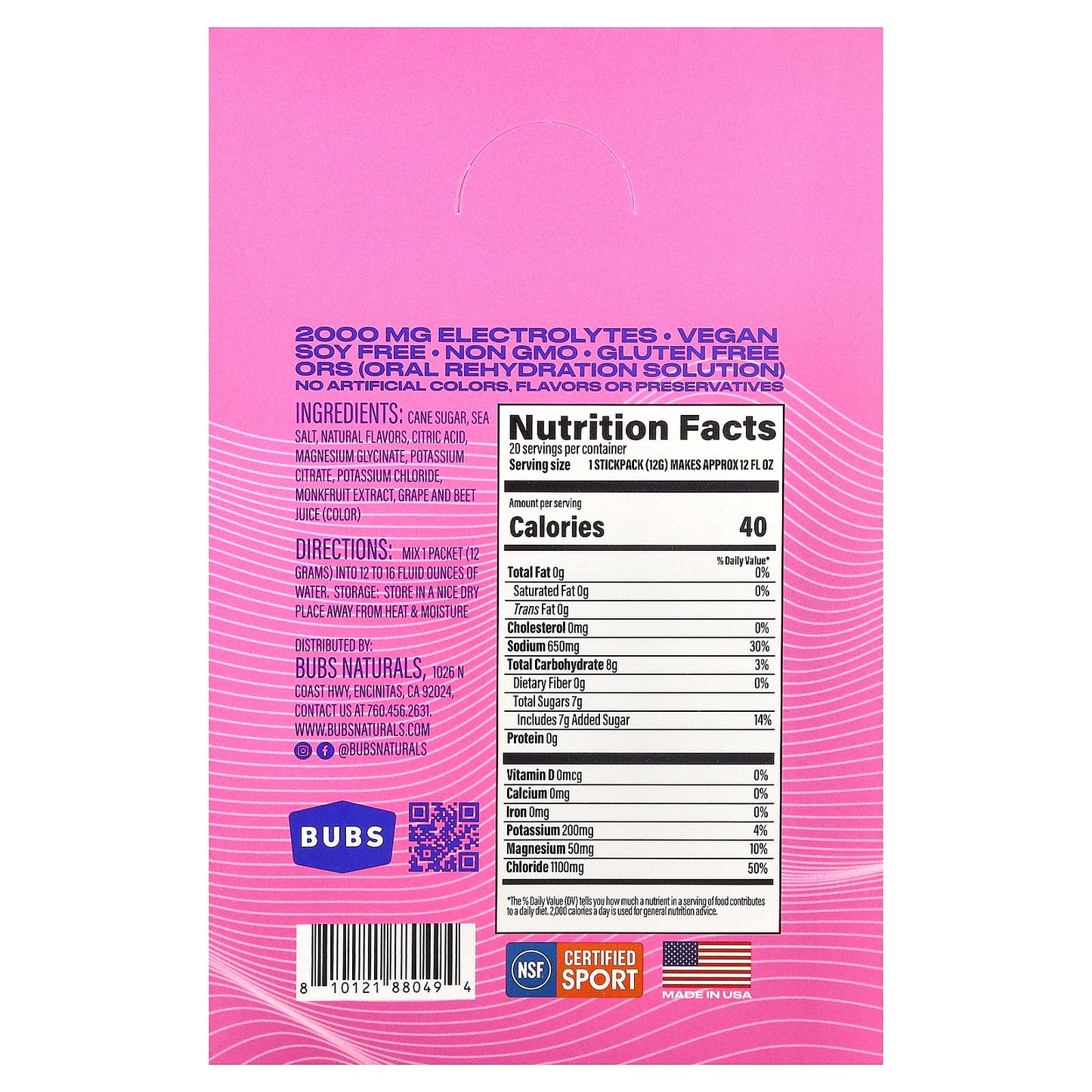 BUBS Naturals, Hydrate or Die®, Electrolytes Drink Mix, Mixed Berry, 20 Packets, 0.43 oz (12.3 gm) Each