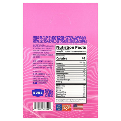 BUBS Naturals, Hydrate or Die®, Electrolytes Drink Mix, Mixed Berry, 20 Packets, 0.43 oz (12.3 gm) Each