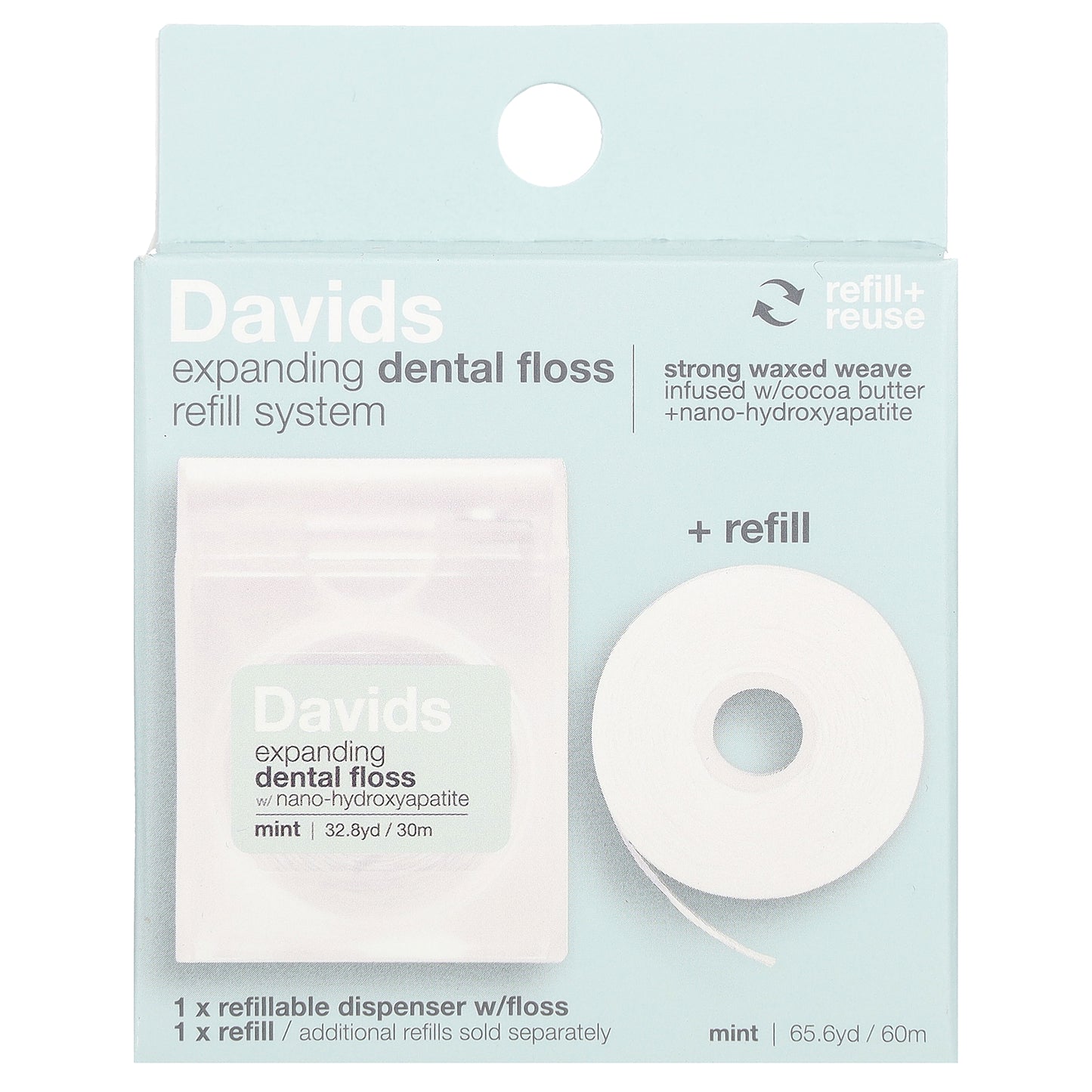 Davids, Expanding Dental Floss Refill System + Refill, Mint, 2 Count