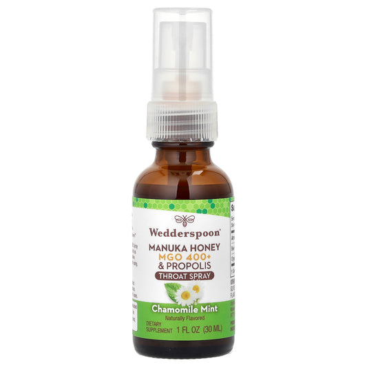 Wedderspoon, Manuka Honey & Propolis Throat Spray, Chamomile Mint, MGO 400+, 1 fl oz (30 ml)