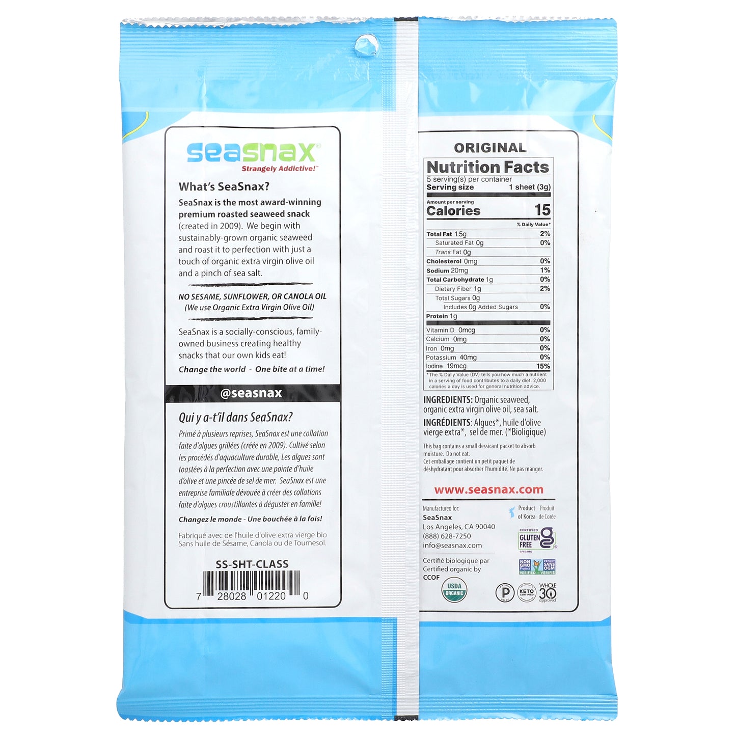 SeaSnax, Organic Roasted Seaweed Wrapz™, Extra Virgin Olive Oil & Sea Salt, 5 Large Sheets, 0.54 oz (15 g)