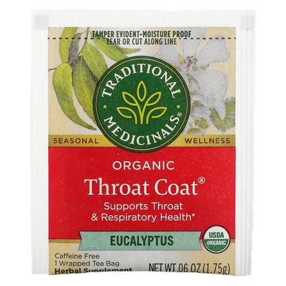 Traditional Medicinals, Organic Throat Coat, Eucalyptus, Caffeine Free, 16 Wrapped Tea Bags, 0.99 oz (28 g)