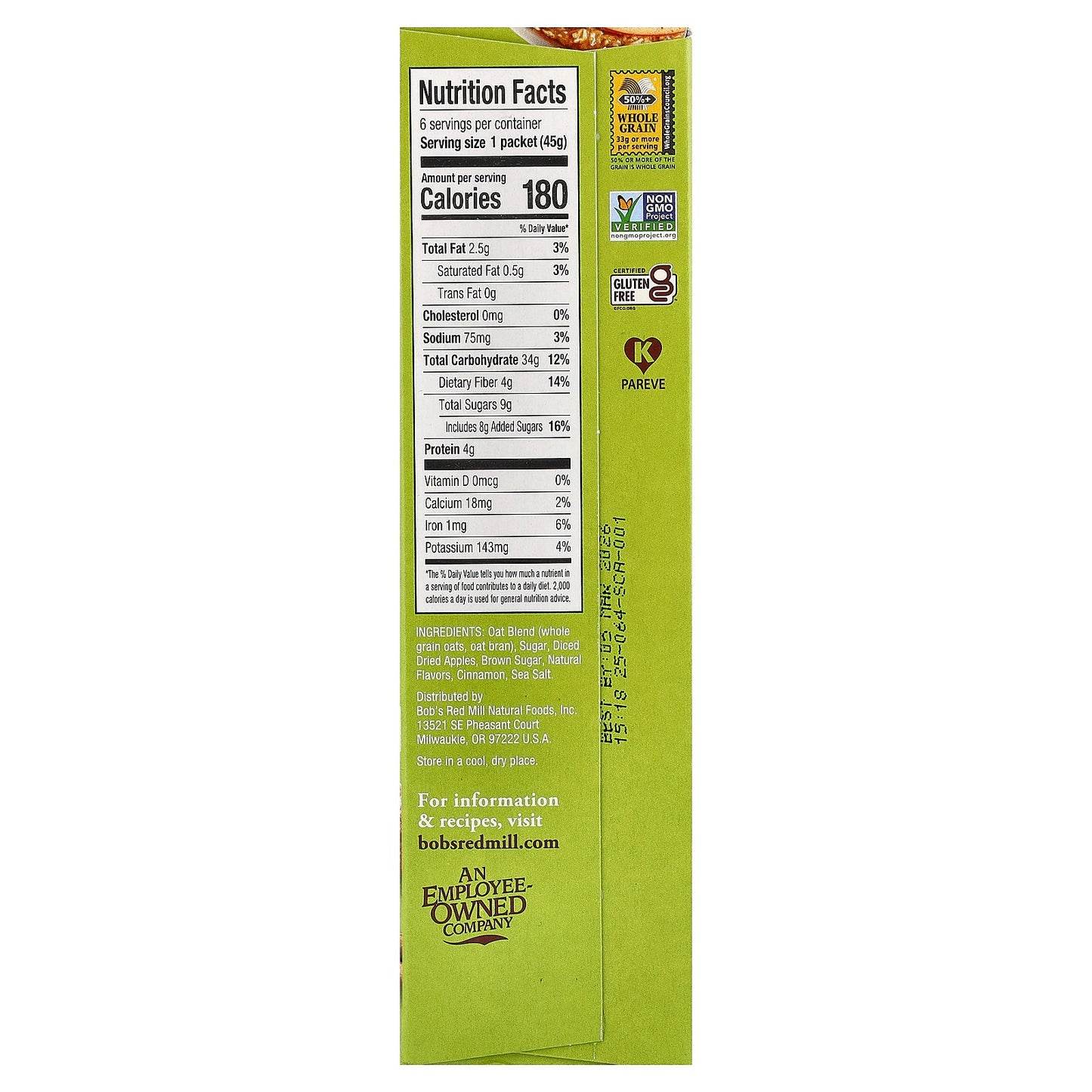 Bob's Red Mill, Instant Oatmeal, Whole Grain, Apple & Cinnamon, 6 Packets, 1.59 oz (45 g) Each