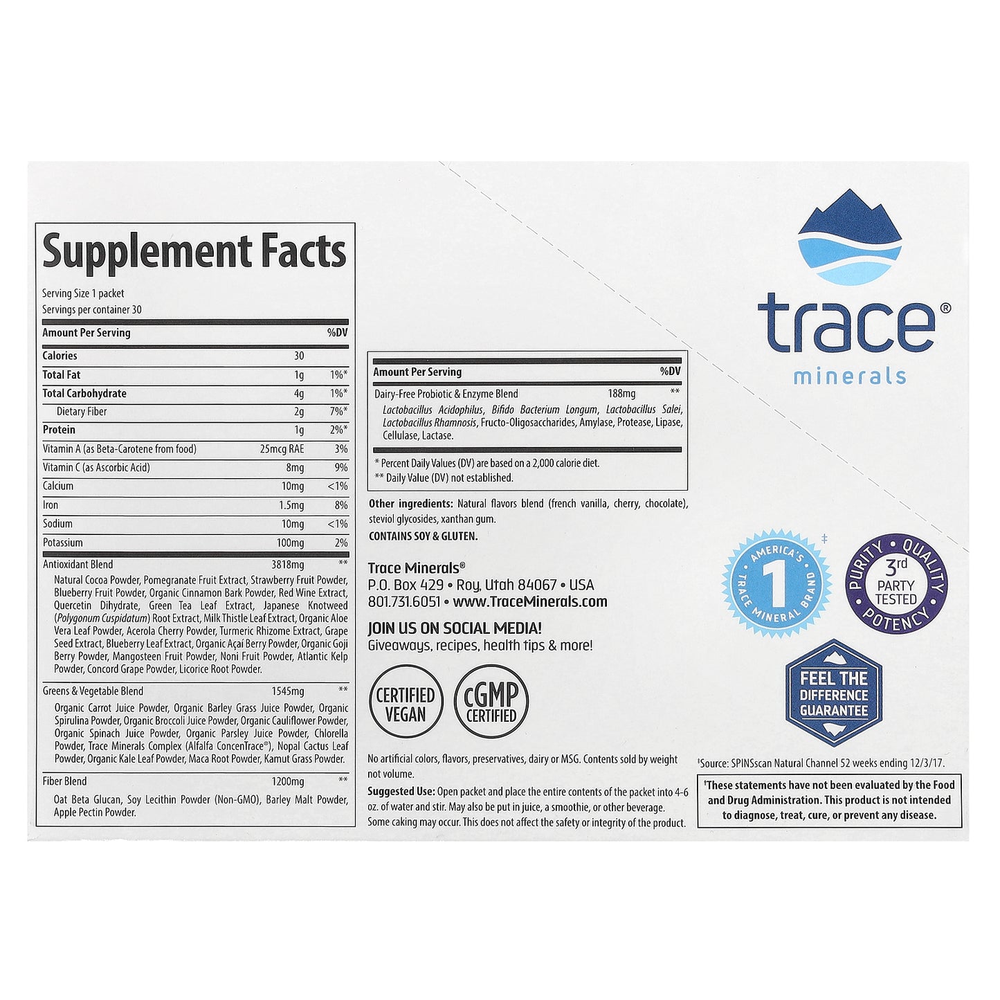 Trace Minerals ®, Greens Pak, Chocolate, 30 Packets, 0.26 oz (7.5 g) Each