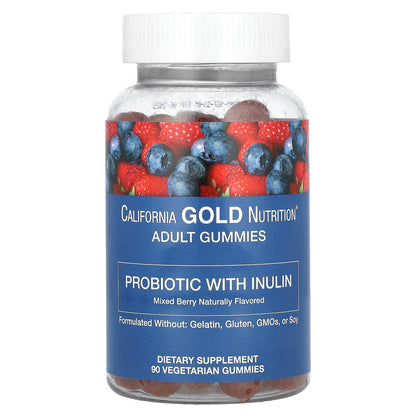 California Gold Nutrition, Probiotic with Inulin Gummies with Vitamin C, Folate, Berry Extract Blend and Organic Inulin, Natural Mixed Berry, 90 Vegetarian Gummies