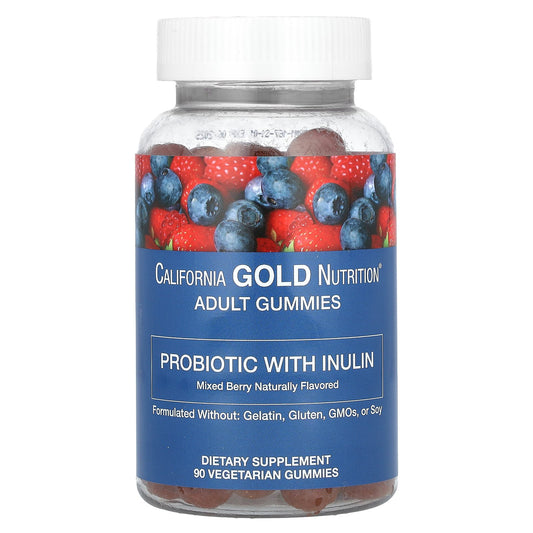 California Gold Nutrition, Probiotic with Inulin Gummies with Vitamin C, Folate, Berry Extract Blend and Organic Inulin, Natural Mixed Berry, 90 Vegetarian Gummies