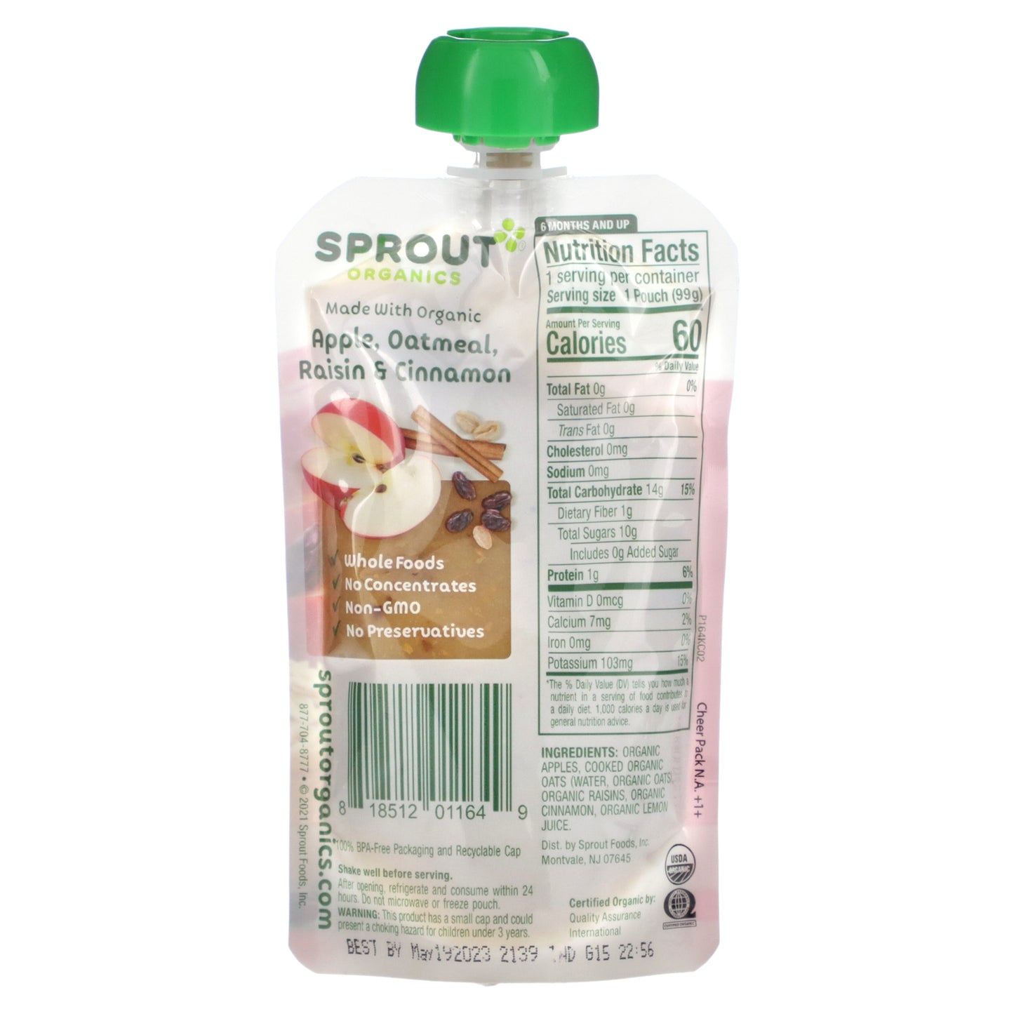 Sprout Organics, Baby Food, 6 Months & Up, Apple, Oatmeal, Raisin & Cinnamon, 3.5 oz (99 g)