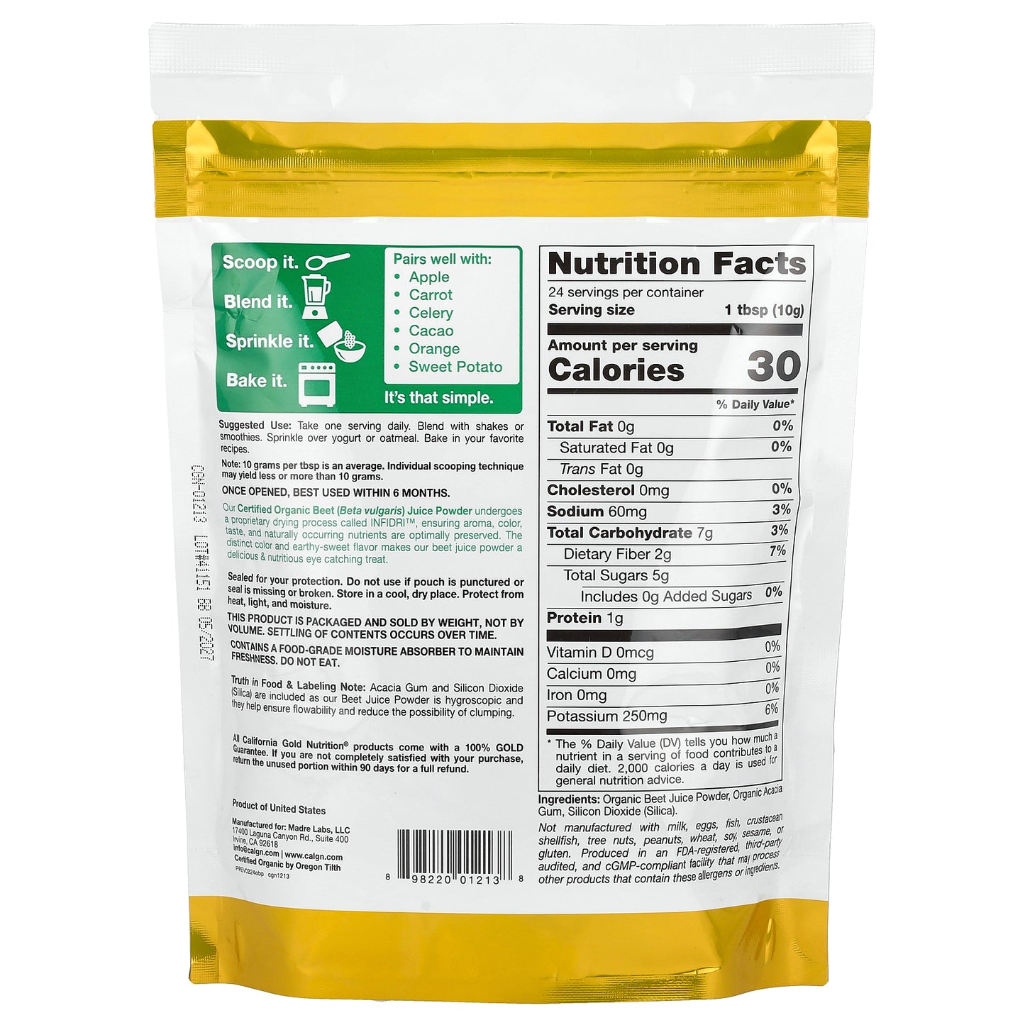 California Gold Nutrition, Superfoods, Organic Beet Juice Powder, 8.5 oz (240 g)