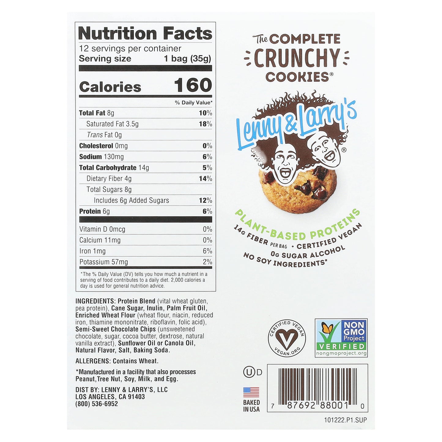 Lenny & Larry's, The Complete Crunchy Cookies®, Chocolate Chip, 12 Bags, 1.25 oz (35 g) Each