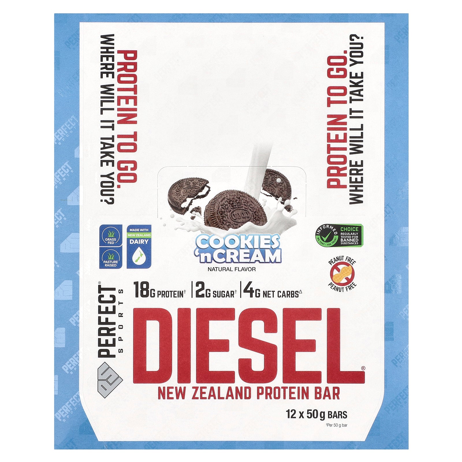 PERFECT Sports, Diesel, New Zealand Protein Bar, Cookies'n Cream, 12 Bars, 50 g Each