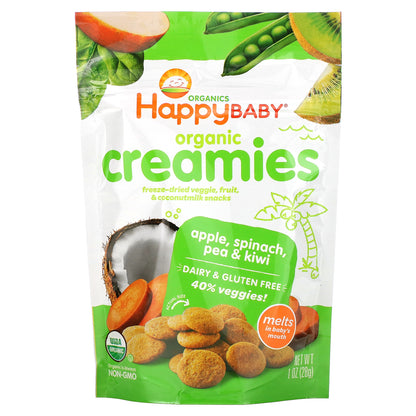 Happy Family Organics, Creamies, Freeze-Dried Veggie, Fruit & Coconut Milk Snacks, Apple, Spinach, Pea & Kiwi, 1 oz (28 g)