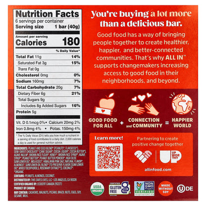 All In, Peanut & Seed Bars, Peruvian Dark Chocolate + Peanut Butter, 6 Bars, 1.4 oz (40 g ) Each