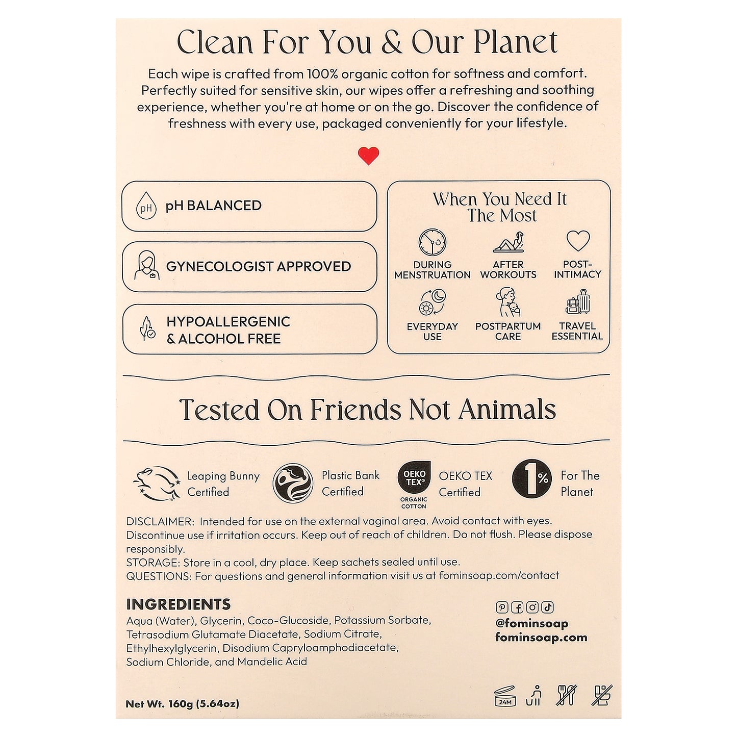 fomin, Feminine Wipes, Fragrance Free, 15 Individually Wrapped Wipes