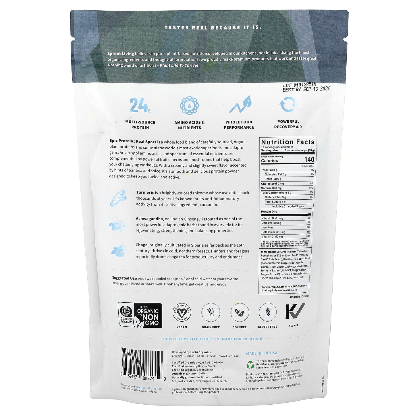 Sprout Living, Epic Protein®, Real Sport, Organic Plant Protein + Superfoods, 1 lb (456 g)