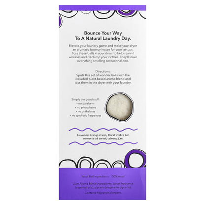ZUM, Wool Dryer Balls with Aroma Blend, Lavender, 3 Wool Balls Plus 1 Aroma Blend, 8.5 oz