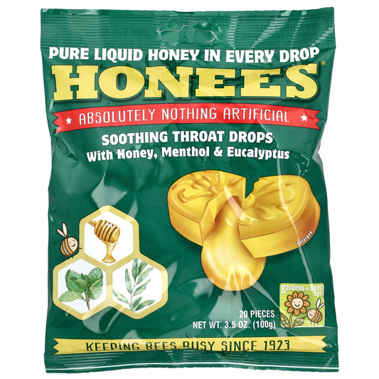 Honees, Soothing Throat Drops with Honey, Menthol & Eucalyptus, 20 Pieces, 3.5 oz (100 g)