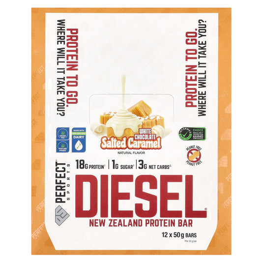 PERFECT Sports, Diesel, New Zealand Protein Bar, White Chocolate Salted Caramel, 12 Bars, 50 g Each