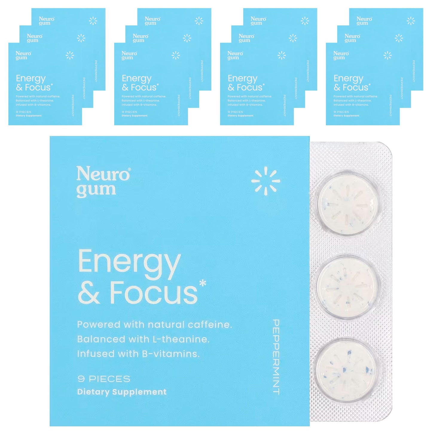 NeuroGum, Energy & Focus, Peppermint, 12 Packs, 9 Pieces Each