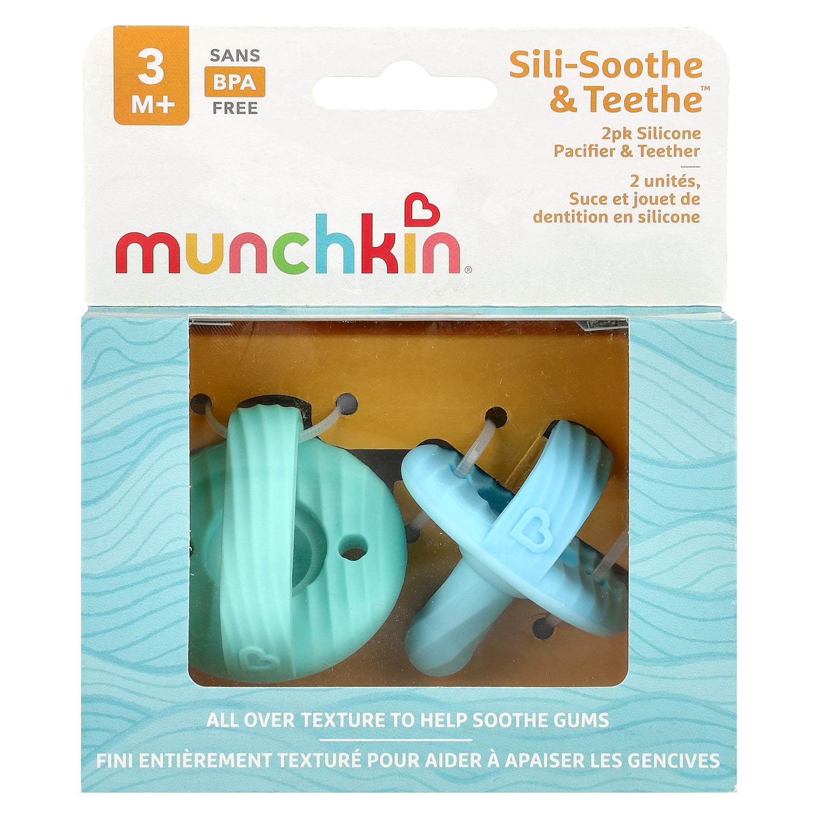 Munchkin, Sili-Soothe & Teethe™, Silicone Pacifier & Teether, 3 Months+, Light Blue & Light Green, 2 Count