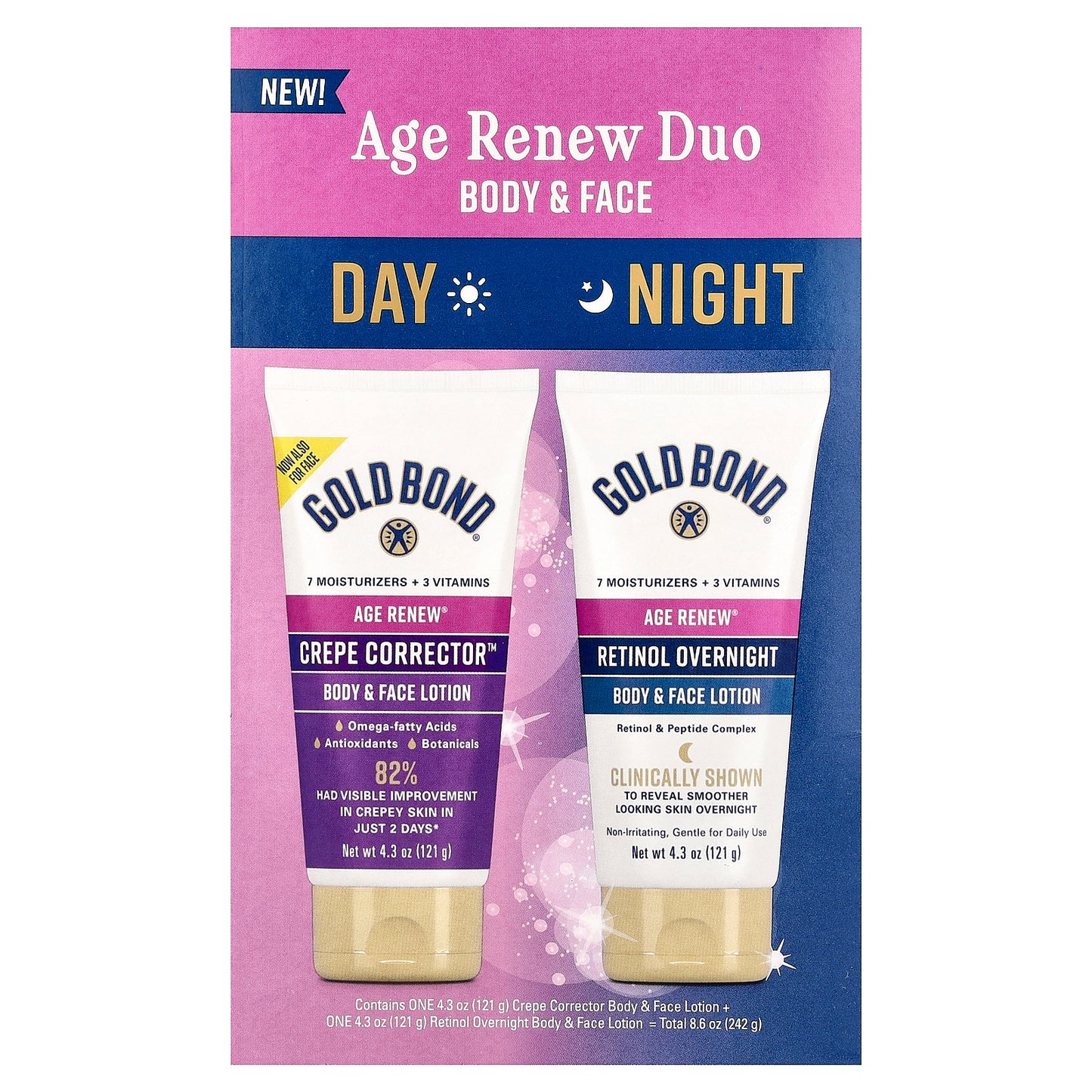 Gold Bond, Age Renew® Duo, Day & Night, Body & Face Lotion, 2 Bottles, 4.3 oz (121 g) Each