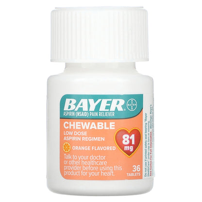 Bayer, Chewable Low Dose Aspirin Regimen, Orange, 81 mg, 36 Tablets