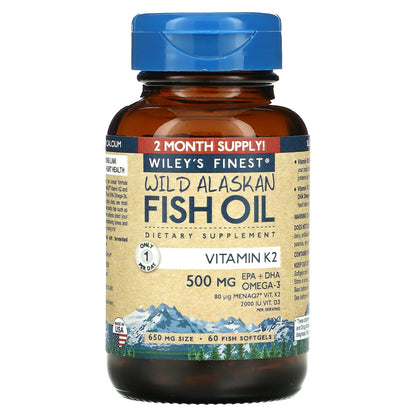 Wiley's Finest, Wild Alaskan Fish Oil, Omega-3 + K2 & D3, 60 Fish Softgels