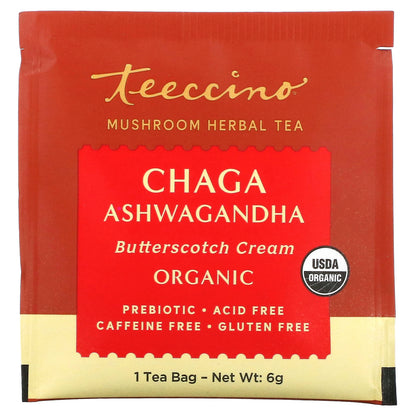 Teeccino, Mushroom Herbal Tea, Organic Chaga Ashwagandha, Caffeine Free, 10 Tea Bags, 2.12 oz (60 g)