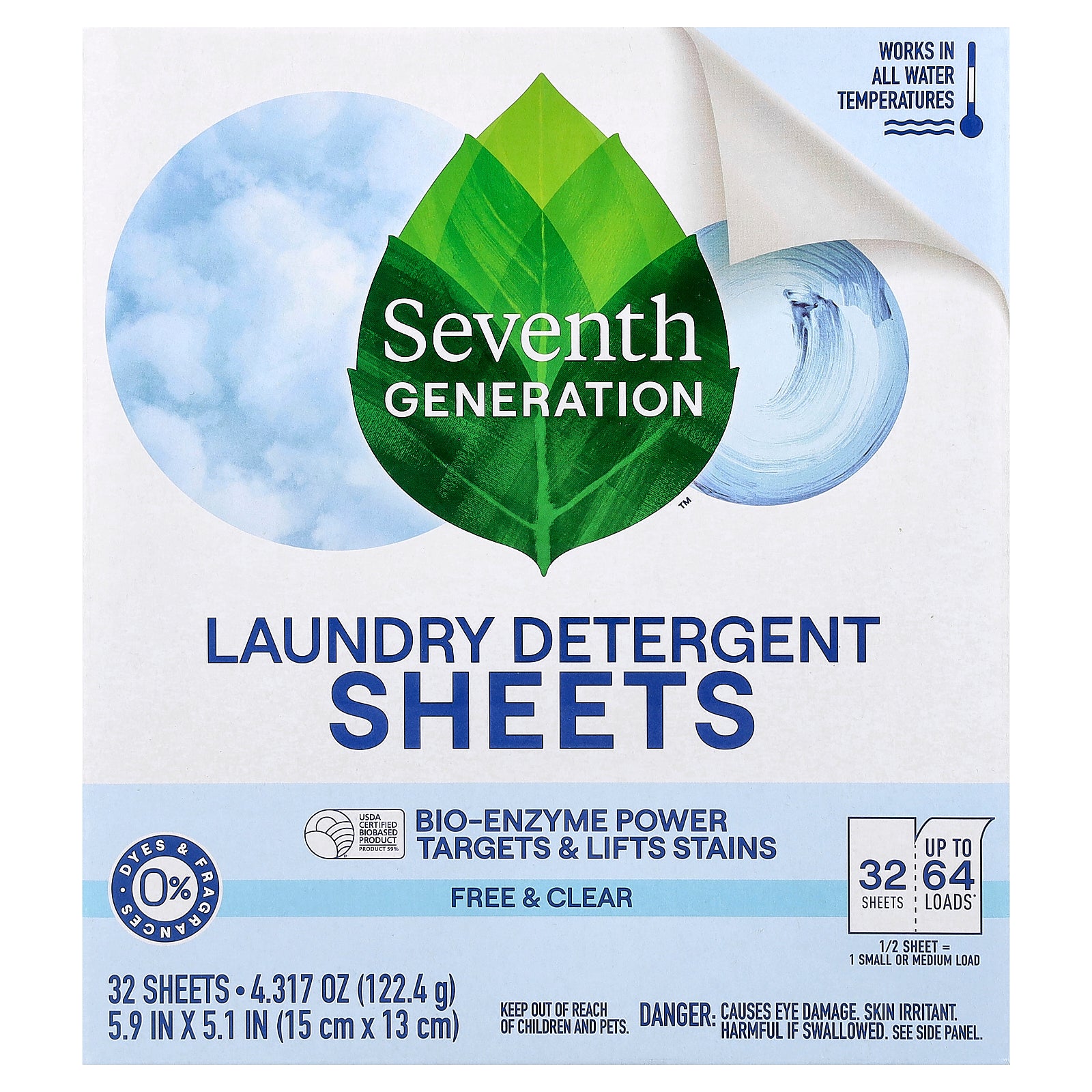 Seventh Generation, Laundry Detergent Sheets, Free & Clear, 32 Sheets, 4.317 oz (122.4 g)