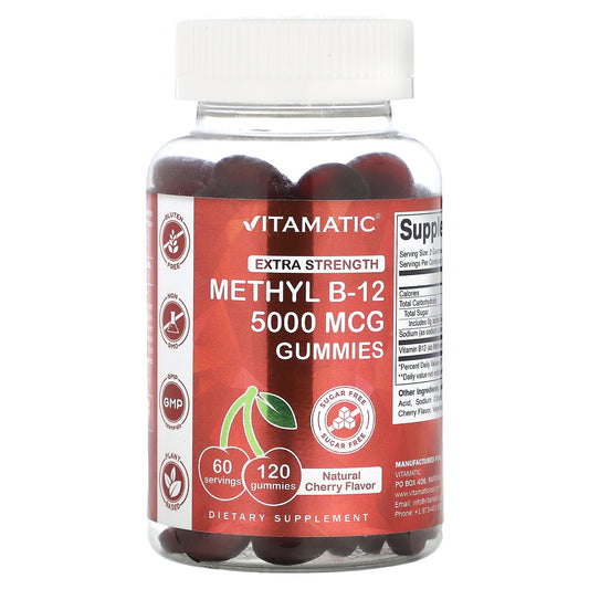 Vitamatic, Methyl B-12 Gummies, Extra Strength, Natural Cherry, 5,000 mcg, 120 Gummies (2,500 mcg per Gummy)